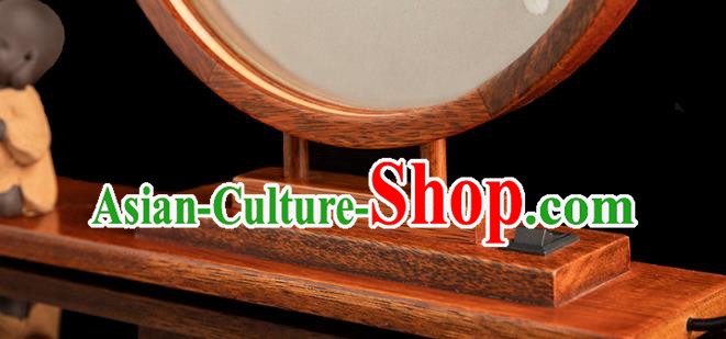 Chinese Handmade Merbau Circular Desk Lamp Traditional Hunan Embroidery Mangnolia Table Screen