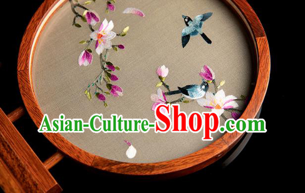 Chinese Traditional Hunan Embroidery Purple Mangnolia Table Screen Handmade Merbau Circular Desk Lamp Ornament