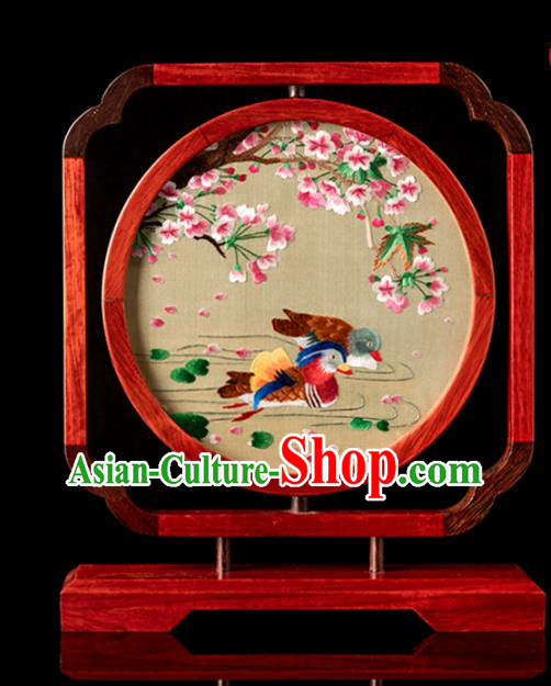 Chinese Handmade Rosewood Craft Desk Ornament Traditional Hunan Double Side Embroidery Mandarin Duck Table Screen