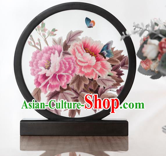 Chinese Handmade Narra Craft Desk Circular Ornament Traditional Hunan Embroidery Peony Table Screen