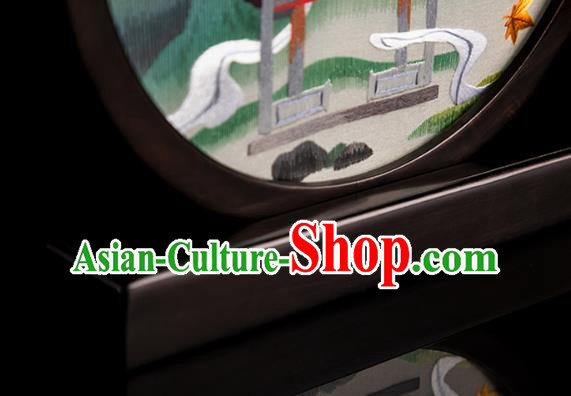 Chinese Desk Circular Ornament Traditional Hunan Embroidery Pavilion Table Screen Handmade Narra Craft