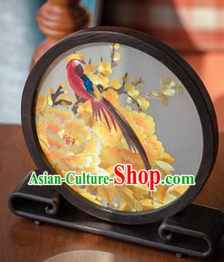 Chinese Traditional Hunan Embroidery Yellow Peony Table Screen Handmade Narra Craft Desk Circular Ornament