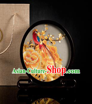 Chinese Traditional Hunan Embroidery Yellow Peony Table Screen Handmade Narra Craft Desk Circular Ornament