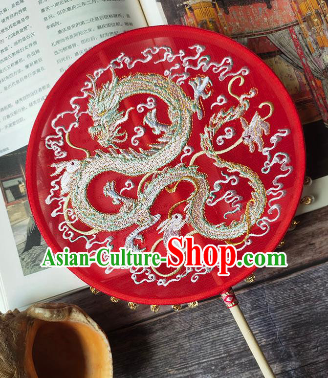China Traditional Hanfu Fan Handmade Wedding Circular Fan Embroidery Dragon Red Silk Palace Fan