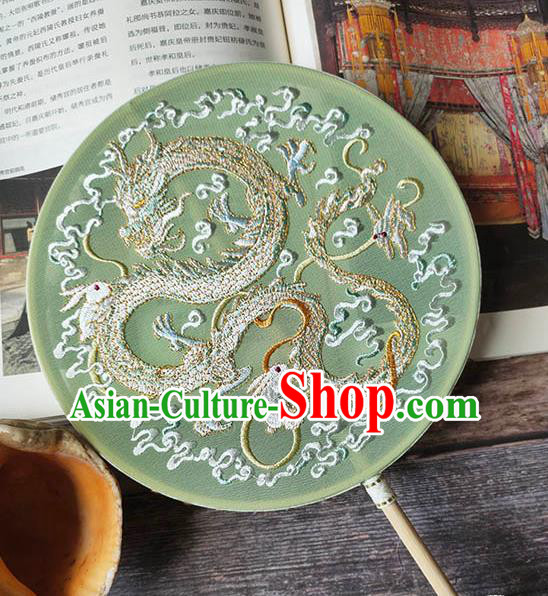 China Traditional Light Green Silk Hanfu Fan Embroidery Dragon Palace Fan Handmade Wedding Circular Fan