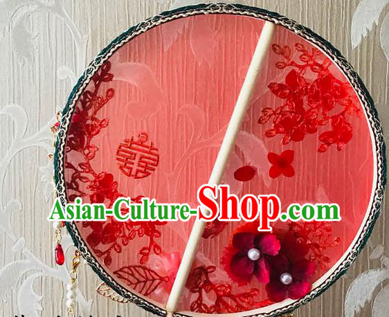 China Traditional Red Silk Hanfu Fan Bride Palace Fan Handmade Wedding Rose Circular Fan
