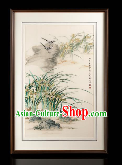 Chinese Walnut Decoration Painting Traditional Hunan Embroidery Craft Handmade Embroidered Orchids Silk Painting