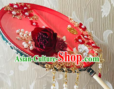 China Traditional Red Silk Hanfu Fan Bride Palace Fan Handmade Wedding Rose Circular Fan