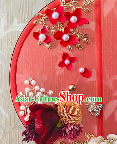 China Traditional Red Silk Hanfu Fan Bride Palace Fan Handmade Wedding Rose Circular Fan