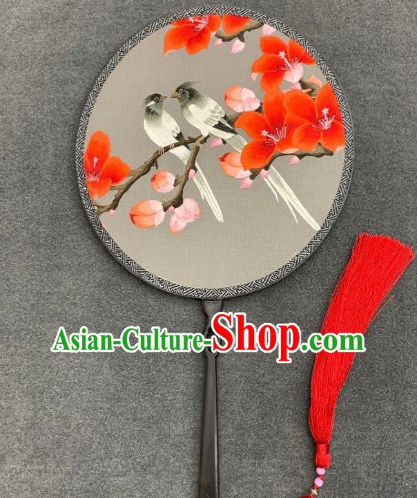 China Traditional Hanfu Silk Fan Handmade Embroidered Palace Fan Double Side Embroidery Red Mangnolia Circular Fan