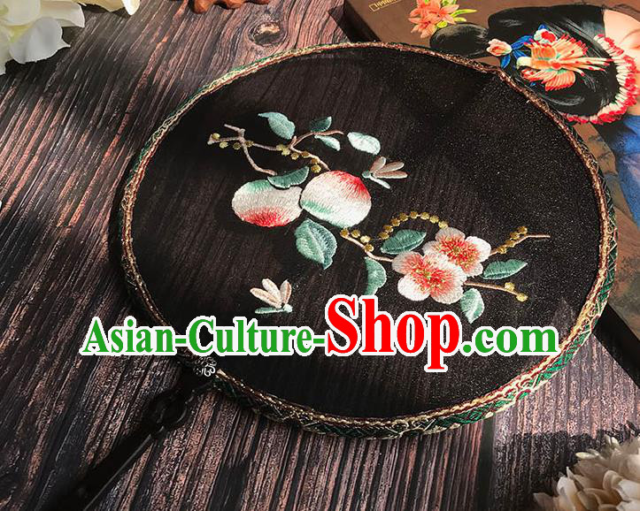China Handmade Palace Fan Wedding Black Silk Fan Traditional Hanfu Embroidered Peach Flowers Circular Fan