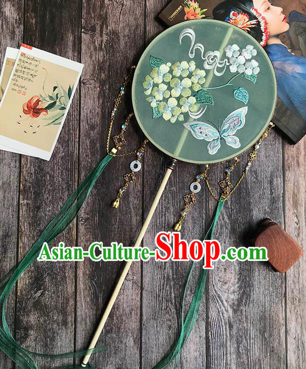 China Wedding Green Silk Fan Handmade Palace Fan Traditional Hanfu Embroidered Hydrangea Butterfly Circular Fan