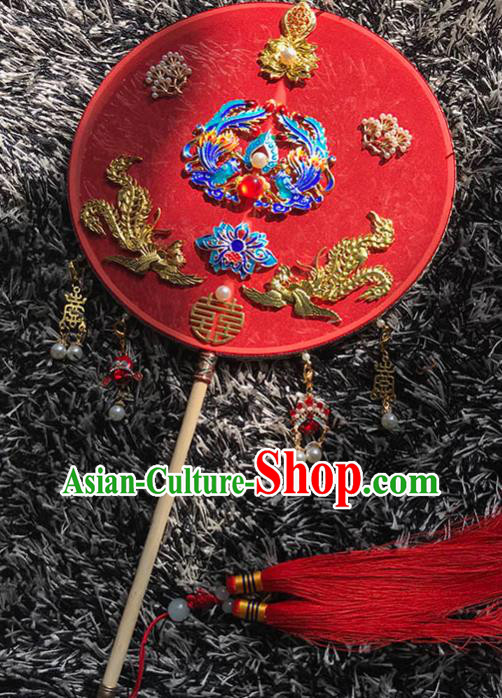 China Handmade Blueing Phoenix Palace Fan Traditional Red Silk Fan Wedding Circular Fan