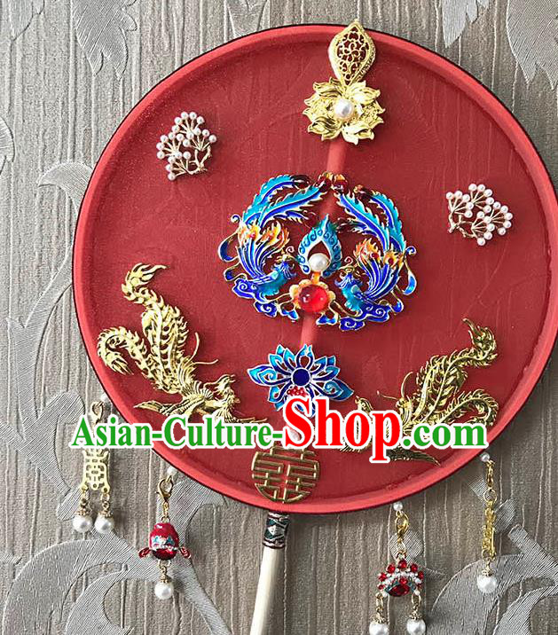 China Handmade Blueing Phoenix Palace Fan Traditional Red Silk Fan Wedding Circular Fan