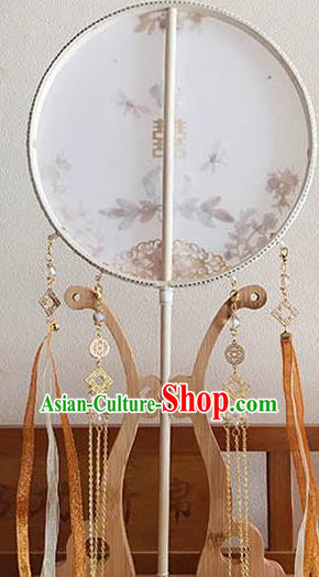 China Traditional White Silk Fan Wedding Circular Fan Handmade Blueing Palace Fan