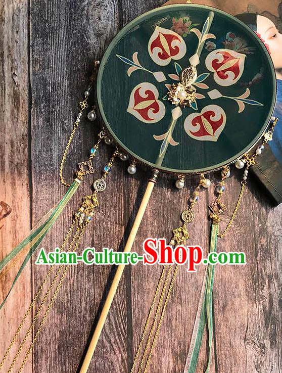 China Handmade Green Silk Palace Fan Wedding Circular Fan Traditional Tang Dynasty Princess Fan