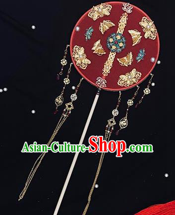 China Handmade Blueing Peony Palace Fan Wedding Circular Fan Traditional Red Silk Fan