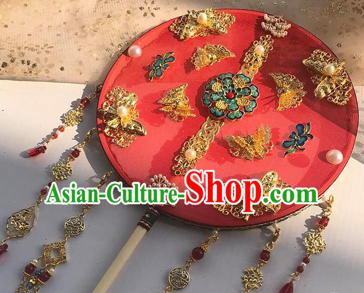 China Handmade Blueing Peony Palace Fan Wedding Circular Fan Traditional Red Silk Fan