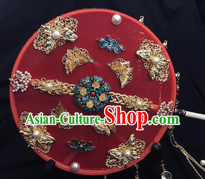 China Handmade Blueing Peony Palace Fan Wedding Circular Fan Traditional Red Silk Fan