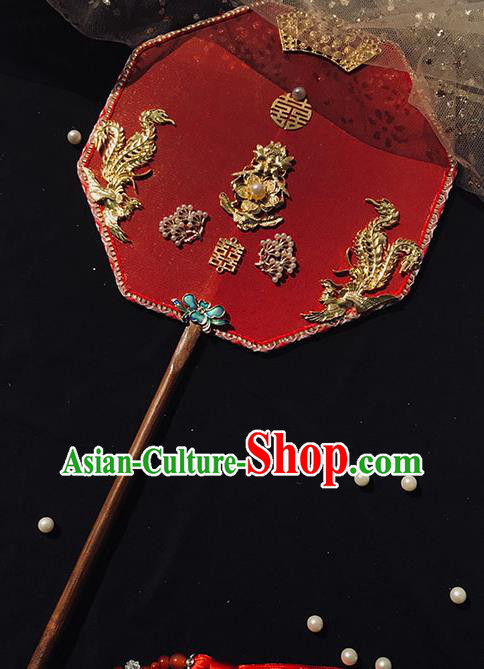 China Traditional Wedding Red Silk Fan Handmade Palace Fan Bride Octagon Fan