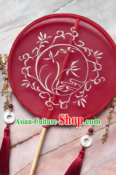 China Traditional Bride Embroidered Orchids Circular Fan Wedding Red Silk Fan Handmade Palace Fan