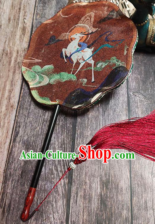 China Handmade Printing Nine Color Deer Palace Fan Traditional Hanfu Fan Brown Silk Fan