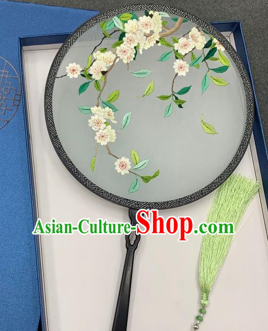 China Double Side Embroidered Circular Fan Traditional Dance Silk Fan Handmade Embroidery Pear Blossom Palace Fan