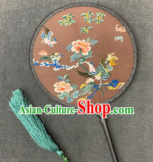 China Double Side Embroidered Jacinth Silk Circular Fan Handmade Embroidery Phoenix Peony Palace Fan