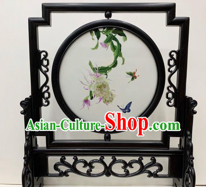 Chinese Traditional Ebony Desk Decoration Handmade Double Side Embroidery Craft Embroidered Epiphyllum Table Screen