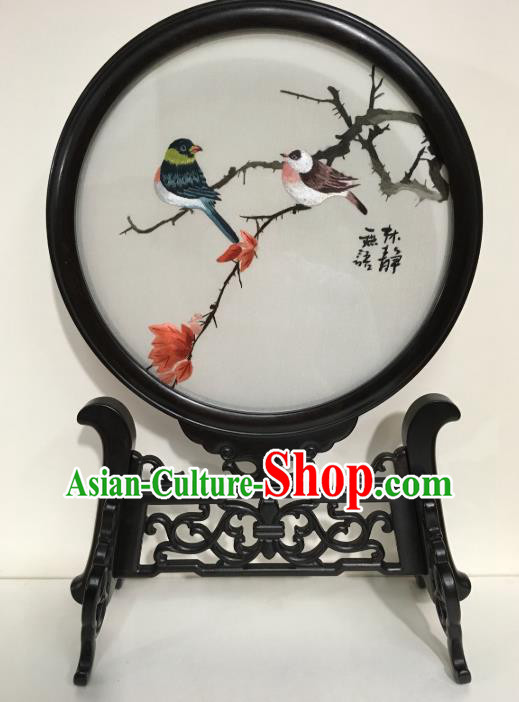 Chinese Handmade Double Side Embroidery Craft Embroidered Autumn View Table Screen Traditional Ebony Desk Decoration
