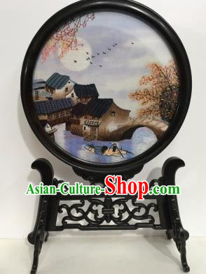 Chinese Handmade Embroidered Waterside Table Screen Ebony Desk Decoration Traditional Embroidery Craft
