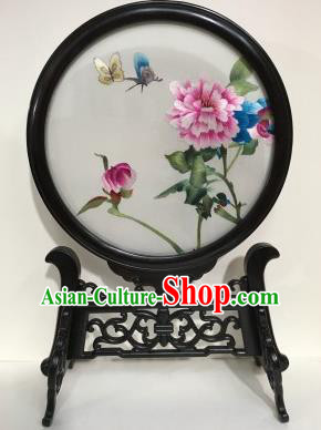 Chinese Traditional Embroidery Craft Handmade Embroidered Peony Table Screen Ebony Desk Decoration