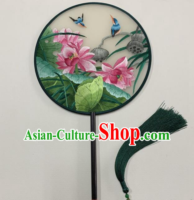 China Handmade Embroidery Lotus Palace Fan Circular Fan Silk Fan