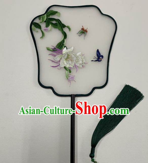 China Handmade Hanfu Fan Silk Fan Embroidery Epiphyllum Palace Fan