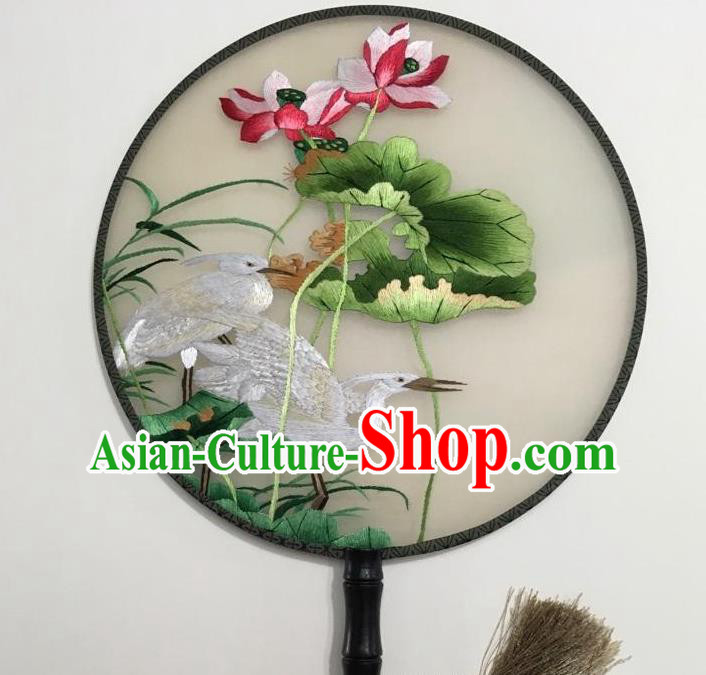 China Suzhou Embroidery Egret Lotus Palace Fan Traditional Hanfu Circular Fan Handmade Beige Silk Fan