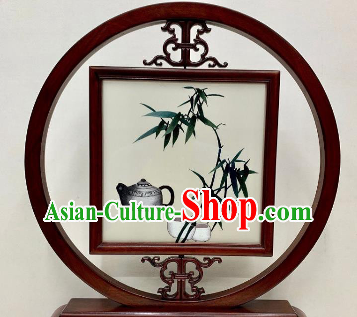 Chinese Embroidered Bamboo Table Screen Traditional Embroidery Craft Handmade Palisander Desk Decoration
