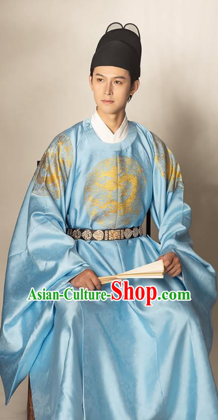 China Traditional Hanfu Apparels Ming Dynasty Monarch Historical Clothing Ancient Emperor Blue Imperial Robe