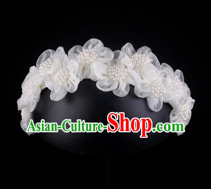 French Wedding Pearls Headband Bride White Silk Flowers Hair Clasp Elegant Hair Accessories