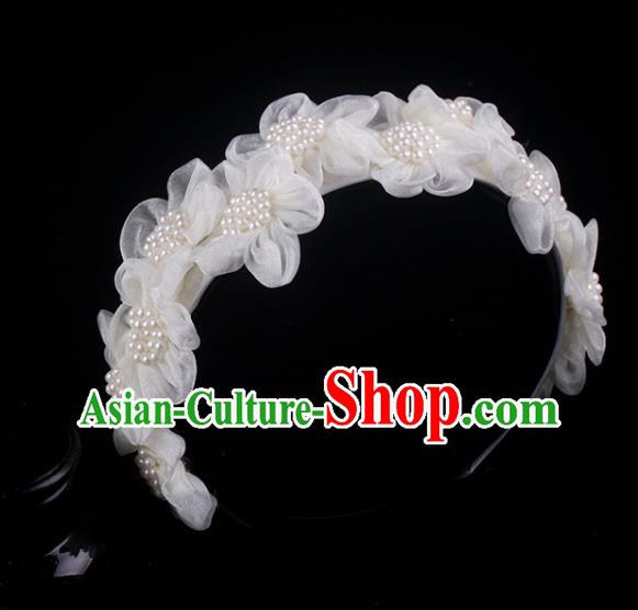 French Wedding Pearls Headband Bride White Silk Flowers Hair Clasp Elegant Hair Accessories
