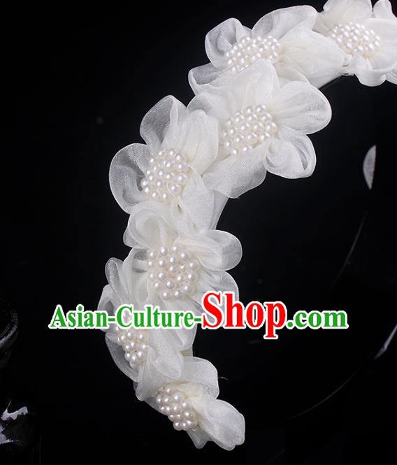 French Wedding Pearls Headband Bride White Silk Flowers Hair Clasp Elegant Hair Accessories