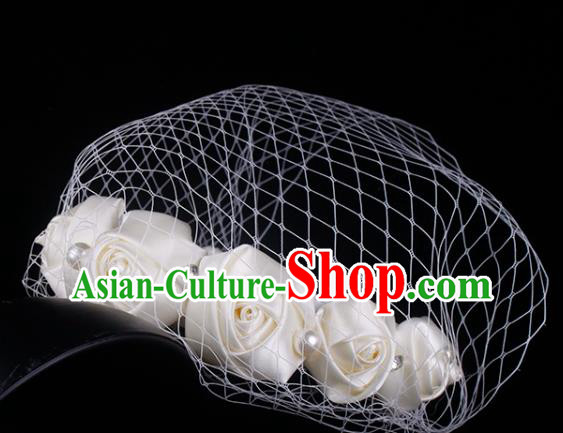 French Bride Champagne Satin Rose Hair Clasp Elegant Wedding Face Veil Headwear