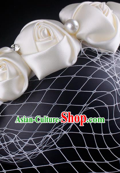 French Bride Champagne Satin Rose Hair Clasp Elegant Wedding Face Veil Headwear