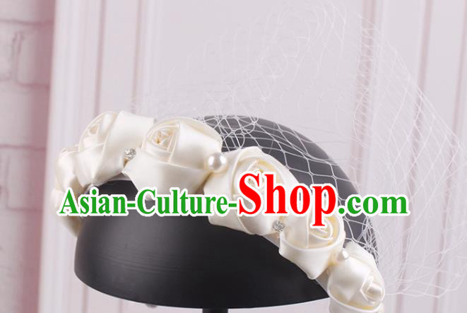 French Bride Champagne Satin Rose Hair Clasp Elegant Wedding Face Veil Headwear