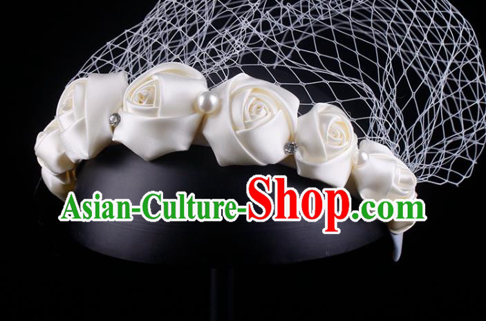 French Bride Champagne Satin Rose Hair Clasp Elegant Wedding Face Veil Headwear