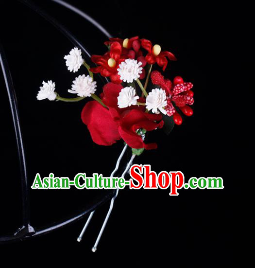 Top Grade Handmade Hair Stick Classical Red Silk Flower Hairpin Wedding Bride Hair Accessories
