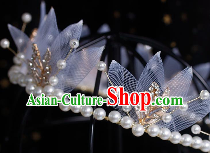 Europe Bride Silk Leaf Royal Crown Elegant Hair Accessories Wedding Princess Pearls Headband