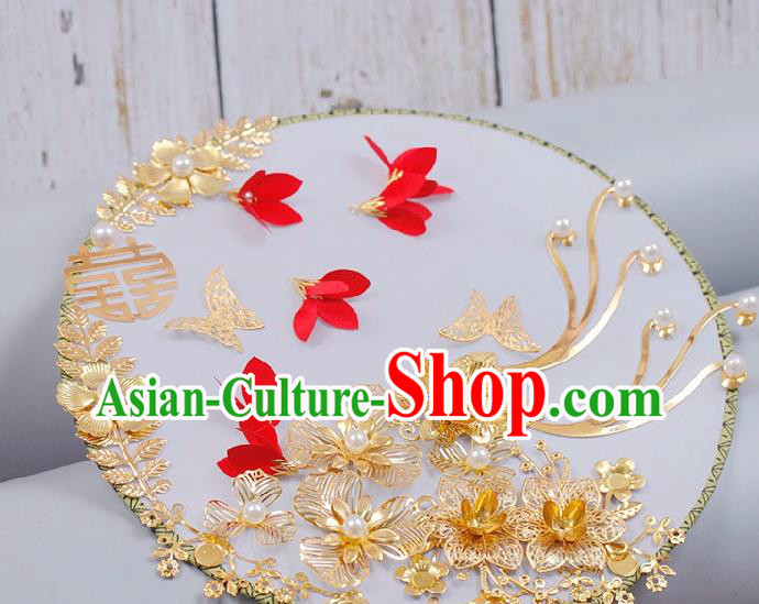 China Handmade Golden Flowers Palace Fan Traditional Bride Circular Fan Wedding Silk Fan