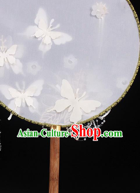 China Handmade White Butterfly Palace Fan Traditional Bride Circular Fan Wedding Silk Fan