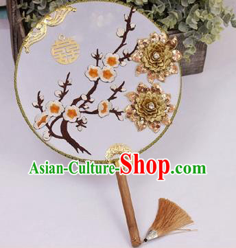China Traditional Xiuhe Suit Golden Peony Silk Fan Wedding Bride Palace Fan Handmade Embroidered Plum Circular Fan