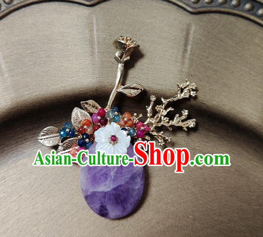 Handmade China Cheongsam Shell Flower Breastpin Amethyst Brooch Accessories Classical Jewelry